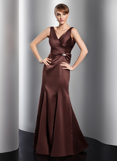 Mermaid V-neck Floor-Length Satin Evening Dress With Ruffle Crystal Brooch (017014758)