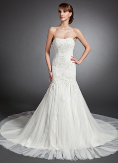 Mermaid Sweetheart Cathedral Train Tulle Wedding Dress With Ruffle Lace Beadwork (002015136)
