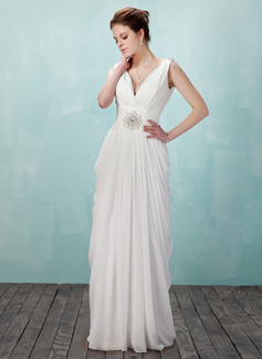 Sheath V-neck Floor-Length Chiffon Evening Dress With Ruffle Beading (017018949)