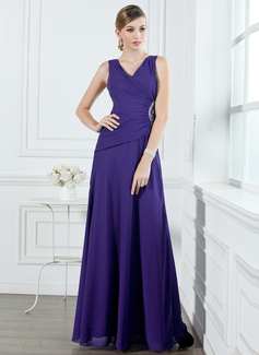 A-Lijn/Prinses V-nek Vloerlengte Chiffon Bruidsmeisjes Jurk met Roes Beading (007001053)