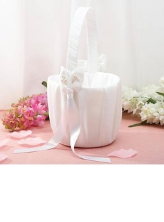 Flower Basket In White Satin With Lily Ribbons(102018058)