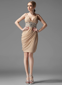 Sheath V-neck Knee-Length Chiffon Cocktail Dress With Ruffle Beading (016002945)