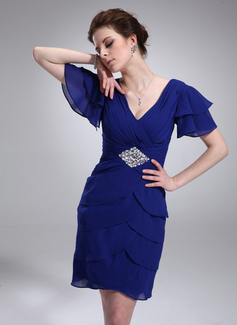 A-Line/Princess V-neck Knee-Length Chiffon Cocktail Dress With Ruffle Beading Sequins (016021248)