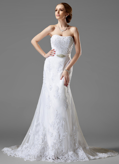 A-Line/Principessa A cuore Coda a strascico cappella raso Tulle Abito per matrimonio con pizzi Perline (002000444)
