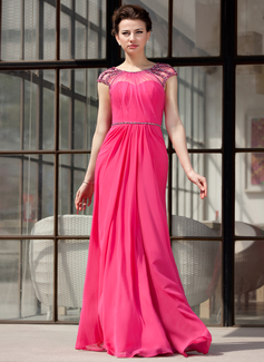 A-Linie/Princess-Linie U-Ausschnitt Bodenlang Chiffon Tüll Abendkleid mit Rüschen Perlen verziert (017022865)