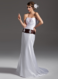 Sheath/Column Strapless Court Train Tulle Charmeuse Wedding Dress With Ruffle Sashes Beadwork (002011502)