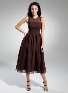 A-Line/Princess Scoop Neck Tea-Length Chiffon Bridesmaid Dress With Ruffle (007014833)