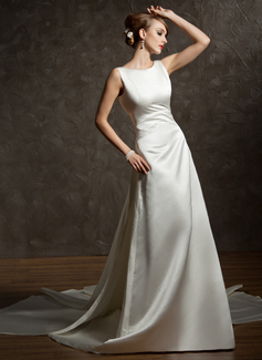 A-Line/Princess Scoop Neck Watteau Train Satin Wedding Dress With Ruffle (002012755)