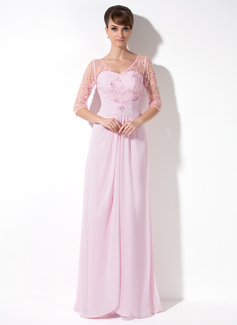 A-Line/Princess V-neck Floor-Length Chiffon Tulle Mother of the Bride Dress With Ruffle Lace Beading Sequins (008005989)