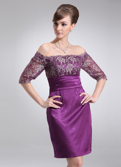 Sheath Off-the-Shoulder Knee-Length Charmeuse Lace Mother of the Bride Dress With Ruffle (008006182)
