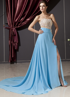 A-Line/Princess Sweetheart Court Train Chiffon Tulle Evening Dress With Lace Beading (017014249)