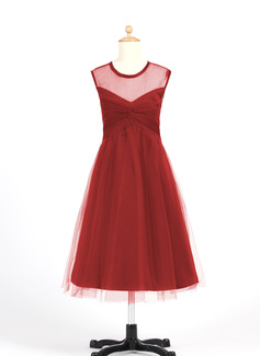 A-Line/Princess Scoop Neck Tea-Length Chiffon Tulle Junior Bridesmaid Dress With Ruffle (009022483)