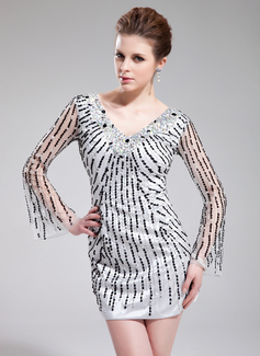 Sheath V-neck Short/Mini Organza Charmeuse Prom Dress With Beading Sequins (018019180)