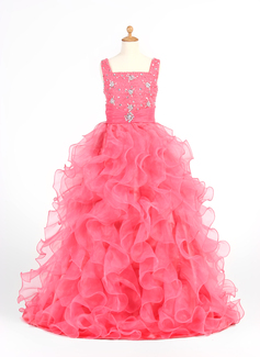 A-Lijn/Prinses Ronde Hals Korte Sleep Organza Satin Bloemenmeisjes Jurk met Roes Kraal (010005873)