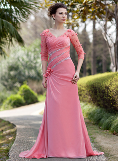 A-Line/Princess V-neck Sweep Train Chiffon Tulle Mother of the Bride Dress With Ruffle Beading Flower(s) Sequins (008018986)