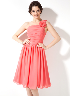 A-Line/Princess One-Shoulder Knee-Length Chiffon Bridesmaid Dress With Ruffle Flower(s) (007004220)