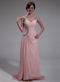 Sheath Sweetheart Sweep Train Chiffon Evening Dress With Ruffle Beading (017022730)
