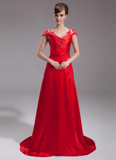 A-Line/Princess V-neck Sweep Train Charmeuse Lace Evening Dress With Ruffle Beading (017005598)