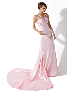 Sheath V-neck Watteau Train Charmeuse Prom Dress With Ruffle Beading (018004800)