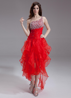 A-Line/Princess One-Shoulder Asymmetrical Organza Prom Dress With Beading Sequins (018011238)
