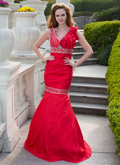 Sereia Decote V Vestidos longo Tafetá Vestido de baile com Pregueado Beading (018024660)