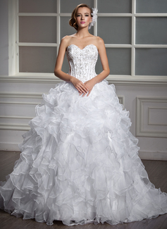 Ball-Gown Sweetheart Court Train Organza Satin Wedding Dress With Beadwork Sequins (002004530)