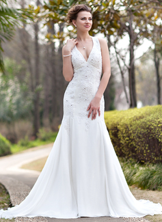 Mermaid Halter Chapel Train Chiffon Wedding Dress With Ruffle Lace Beadwork (002012033)
