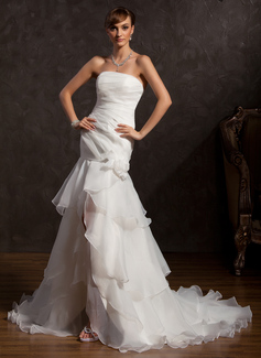 Stile sirena Senza spalline Asimmetrico Organza Abiti per matrimonio con Increspature Pizzo Fiori (002015176)