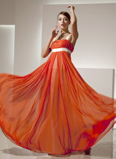 Empire Square Neckline Floor-Length Chiffon Charmeuse Holiday Dress With Ruffle Sash (020025838)
