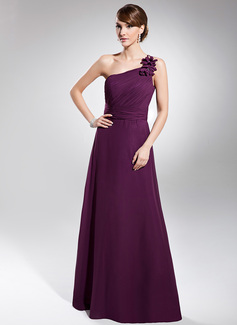 A-linje One-Shoulder Gulvlang Chiffon Aftenkjole med Flæsekanter (017014740)