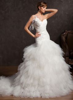 Ball-Gown One-Shoulder Court Train Taffeta Tulle Wedding Dress With Ruffle Lace Feather Flower(s) Sequins (002015160)