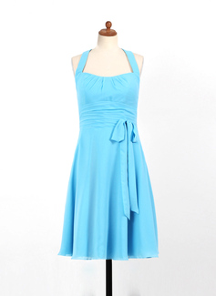 A-Line/Princess Halter Knee-Length Chiffon Junior Bridesmaid Dress With Ruffle (009022496)