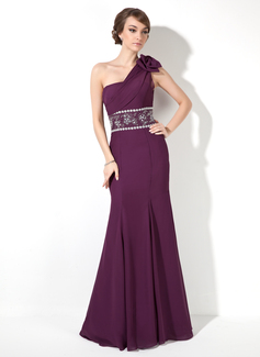Sheath One-Shoulder Floor-Length Chiffon Evening Dress With Ruffle Beading (017005817)