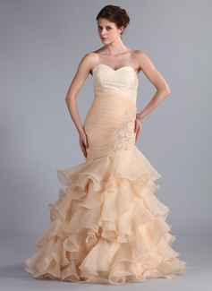Mermaid Sweetheart Sweep Train Organza Prom Dress With Ruffle Lace Beading (018026261)