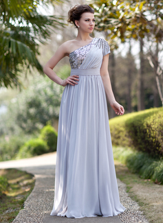 Vestidos princesa/ Formato A Um ombro Vestidos longo Tecido de seda Lantejoulas Vestidos de festa com Pregueado Bordado (017022933)