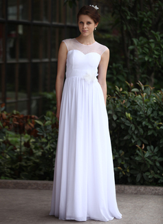 A-Line/Principessa Tondo Al pavimento Chiffon Tulle Abito per matrimonio con Increspature Fiori (016026255)