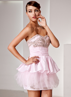 Vestidos princesa/ Formato A Amorzinho Curto/Mini Tafetá Tule Vestidos de cocktail com Pregueado Bordado (016014424)