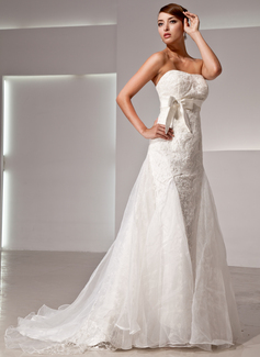 Empire-Linie Trägerlos Hof-Schleppe Organza Satin Spitzen Brautkleid mit Schleifenbänder/Stoffgürtel (002014426)