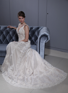 A-Line/Princess V-neck Court Train Satin Lace Wedding Dress With Beadwork (002012770)