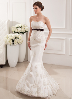 Stile sirena A cuore Sweep treno raso Tulle Abito per matrimonio con Pizzo Fusciacche Perline (002019531)