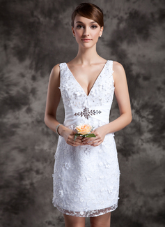 Sheath/Column V-neck Short/Mini Lace Wedding Dress With Sashes Beadwork (002014977)
