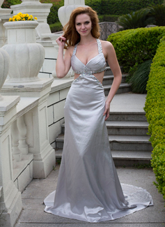 Vestidos princesa/ Formato A Decote V Cauda corte Charmeuse Vestido de baile com Pregueado Beading (018024669)