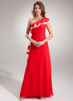 Sheath One-Shoulder Floor-Length Chiffon Bridesmaid Dress With Ruffle (008005664)