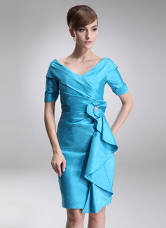 Sheath Off-the-Shoulder Knee-Length Taffeta Mother of the Bride Dress With Ruffle Beading (008006275)