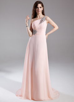 Vestidos princesa/ Formato A Um ombro Cauda corte Tecido de seda Vestidos de festa com Pregueado Bordado (017015805)