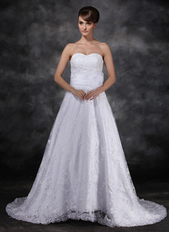 A-Line/Princess Sweetheart Sweep Train Organza Satin Lace Wedding Dress With Sashes Flower(s) Sequins (002017119)