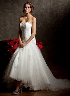 Stile sirena A cuore Asimmetrico Raso Tulle Abiti per matrimonio con Increspature Perline (002011429)