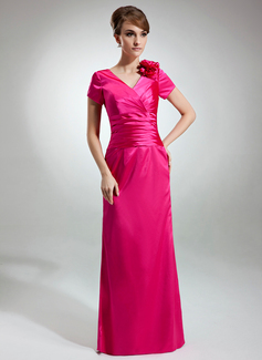 Sheath V-neck Floor-Length Charmeuse Mother of the Bride Dress With Ruffle Flower(s) (008003491)