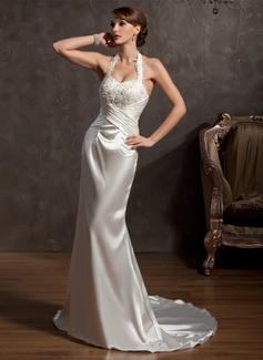 Sheath/Column Halter Court Train Charmeuse Wedding Dress With Ruffle Lace Beadwork (002014877)