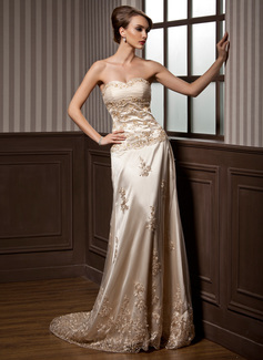 A-Line/Princess Sweetheart Court Train Tulle Charmeuse Wedding Dress With Ruffle Lace (002000169)